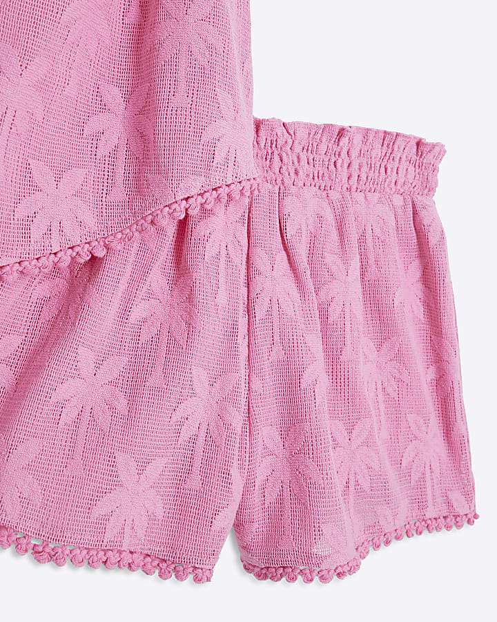 Girls Pink Floral Beach Top And Shorts Set