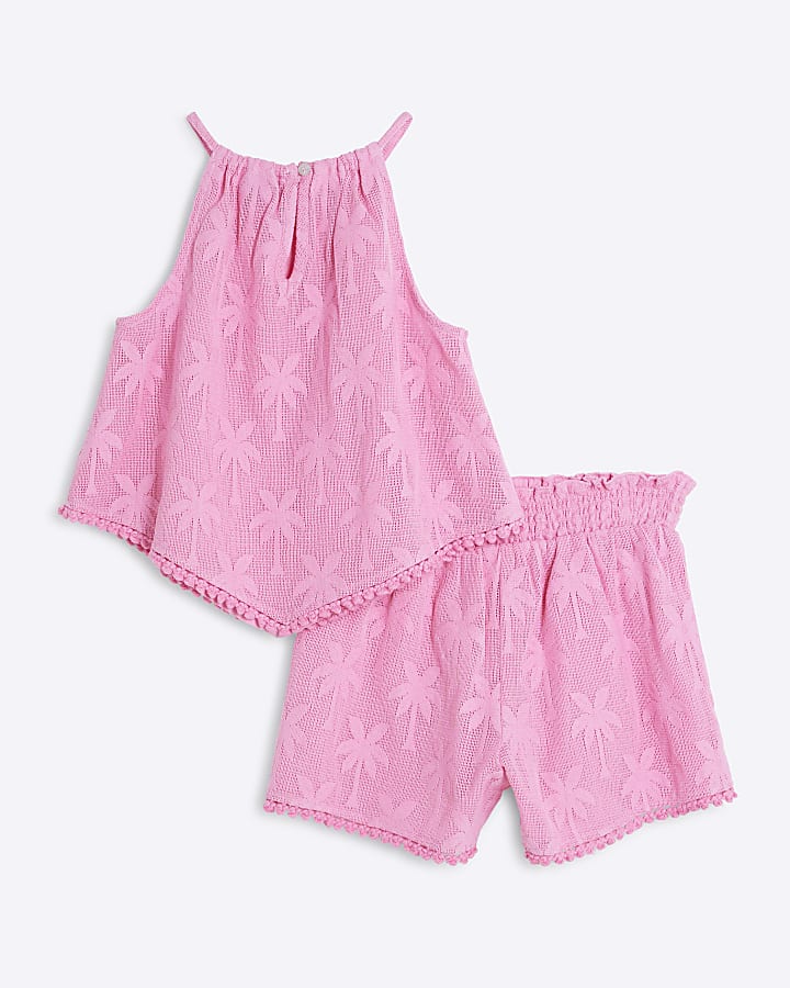 Girls Pink Floral Beach Top And Shorts Set