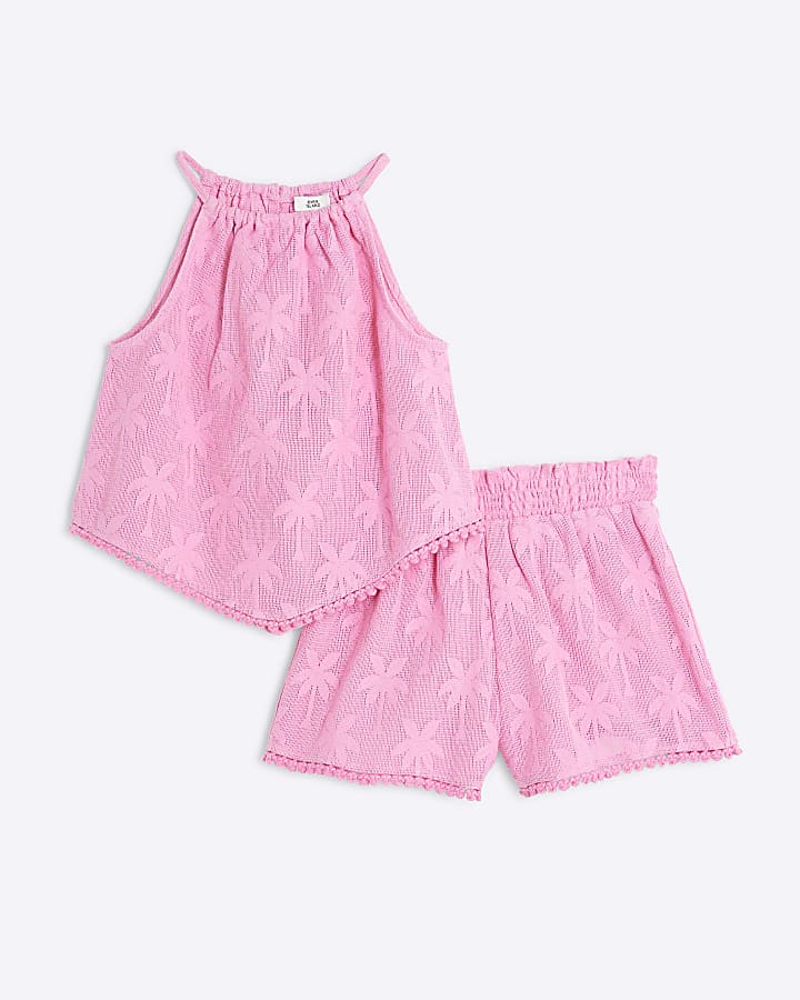 Girls Pink Palm Beach Top And Shorts Set