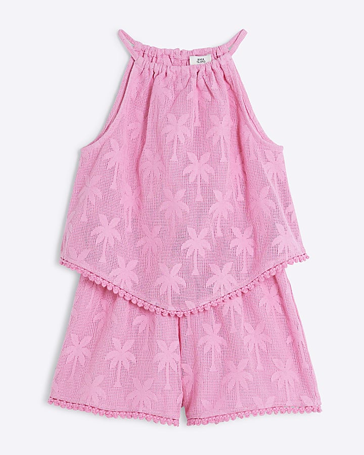 Girls Pink Floral Beach Top And Shorts Set