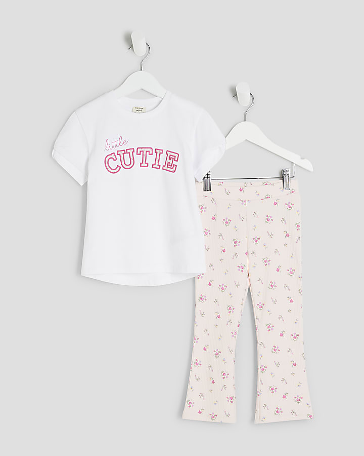 Mini Girls White Floral Wordy T-Shirt Set