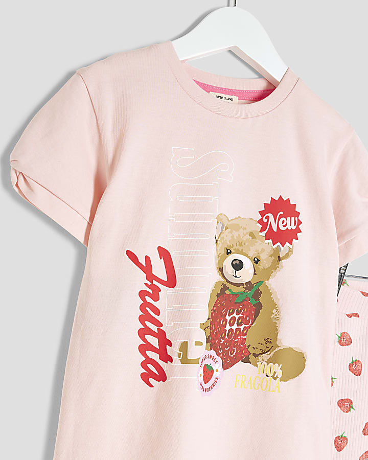 Mini Girls Pink Strawberry Bear Top Set