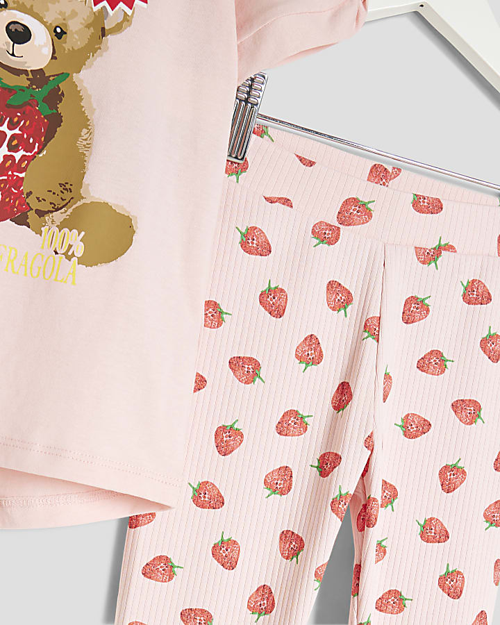 Mini Girls Pink Strawberry Bear Top Set