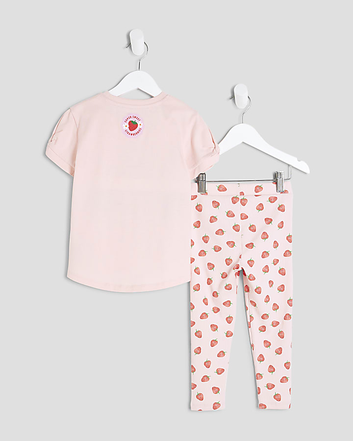 Mini Girls Pink Strawberry Bear Top Set