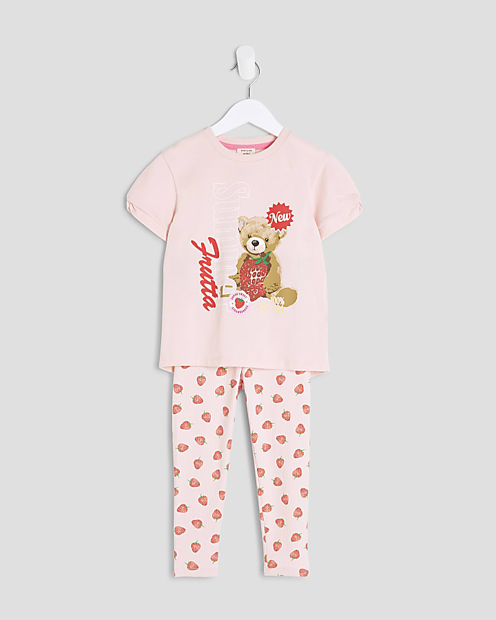 Mini Girls Pink Strawberry Bear Top Set