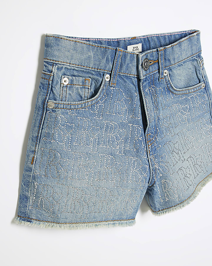 Girls Blue Denim RI Embellished Mom Shorts