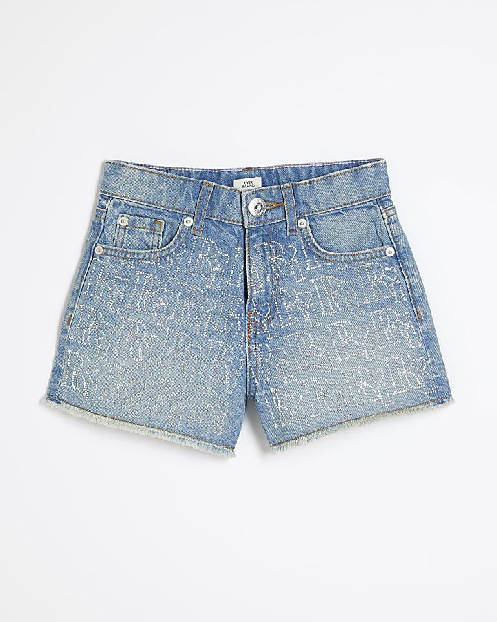 Girls Blue Denim RI Embellished Mom Shorts