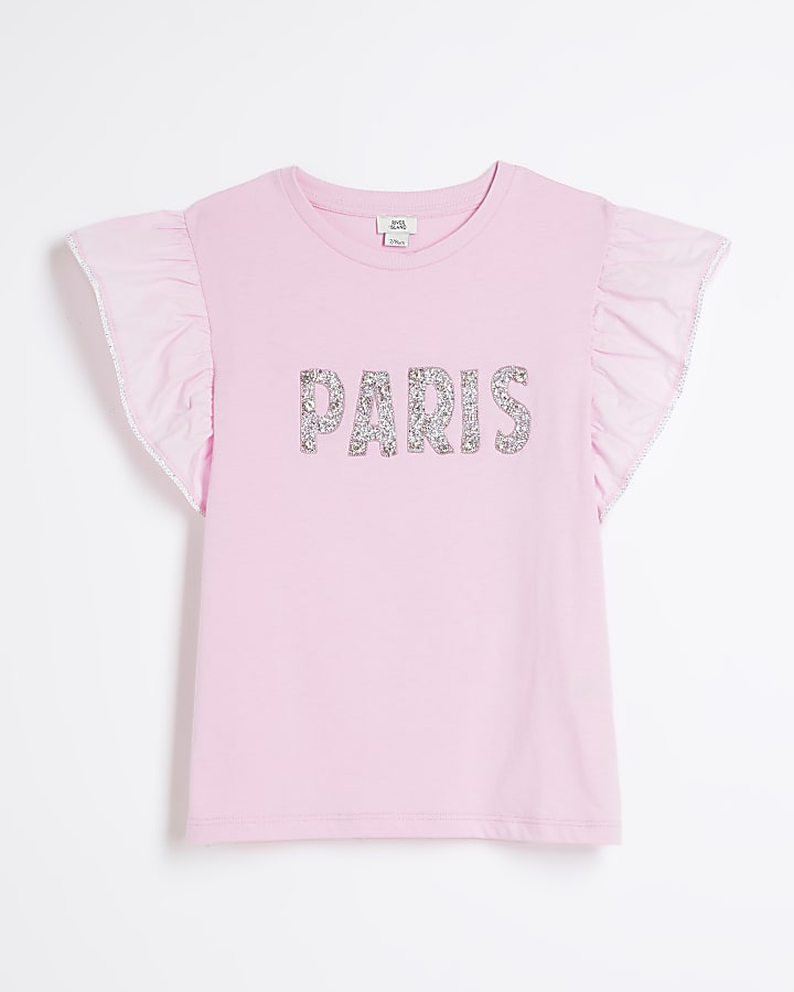 Girls Pink Paris Frill Sleeve T-Shirt