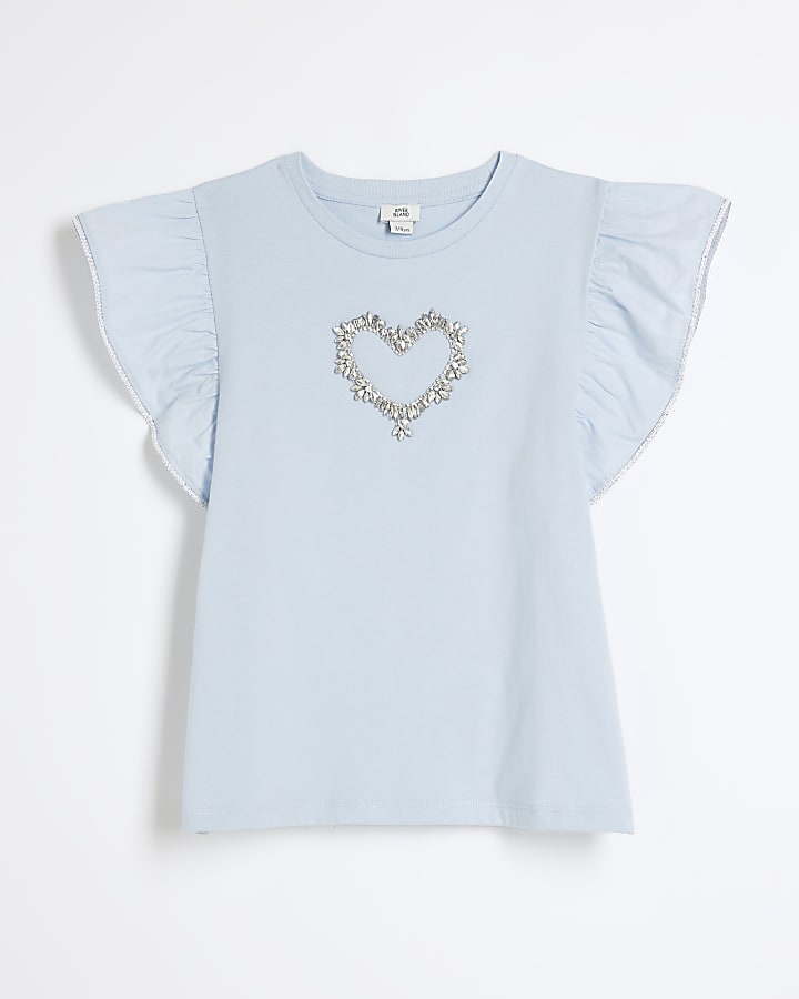 Girls Blue Heart Frill Sleeve T-Shirt