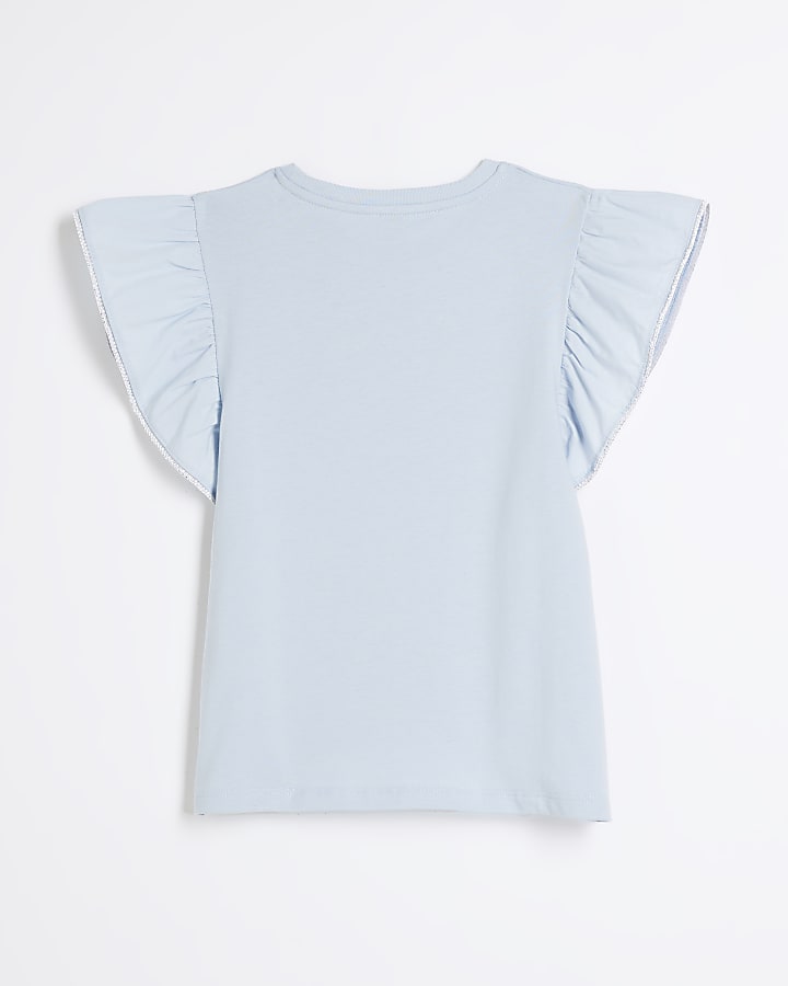 Girls Blue Heart Frill Sleeve T-Shirt