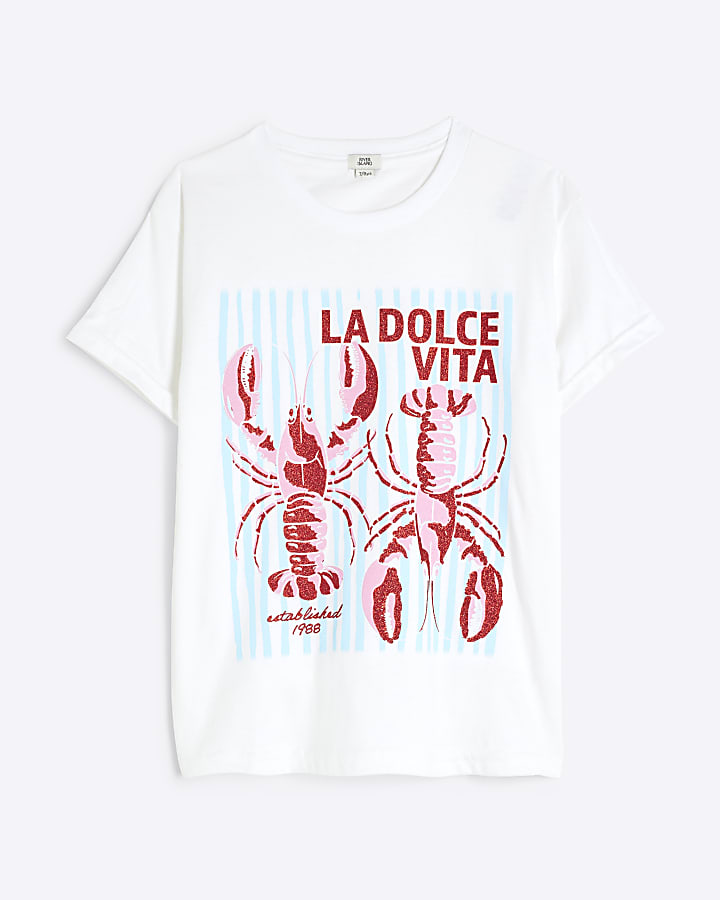 Girls White Lobster Graphic T-shirt