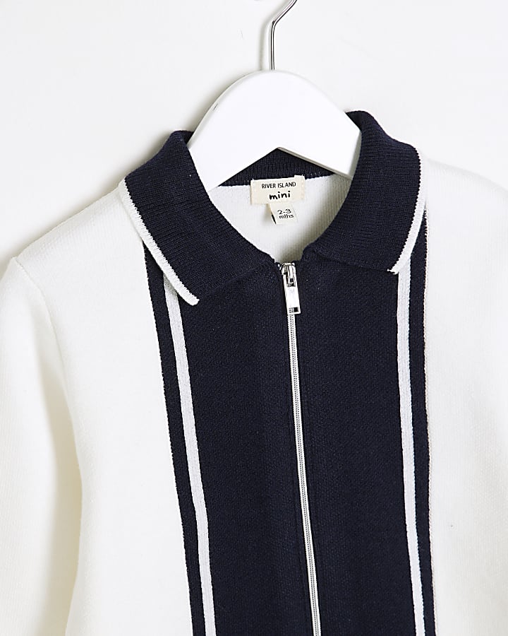 Mini Boys White Zip Through Knitted Polo Top