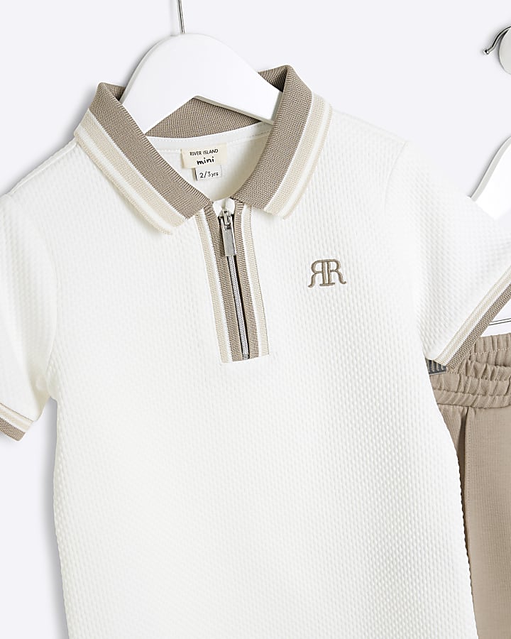 Mini Boys White Texture Tipped Polo Shirt Set