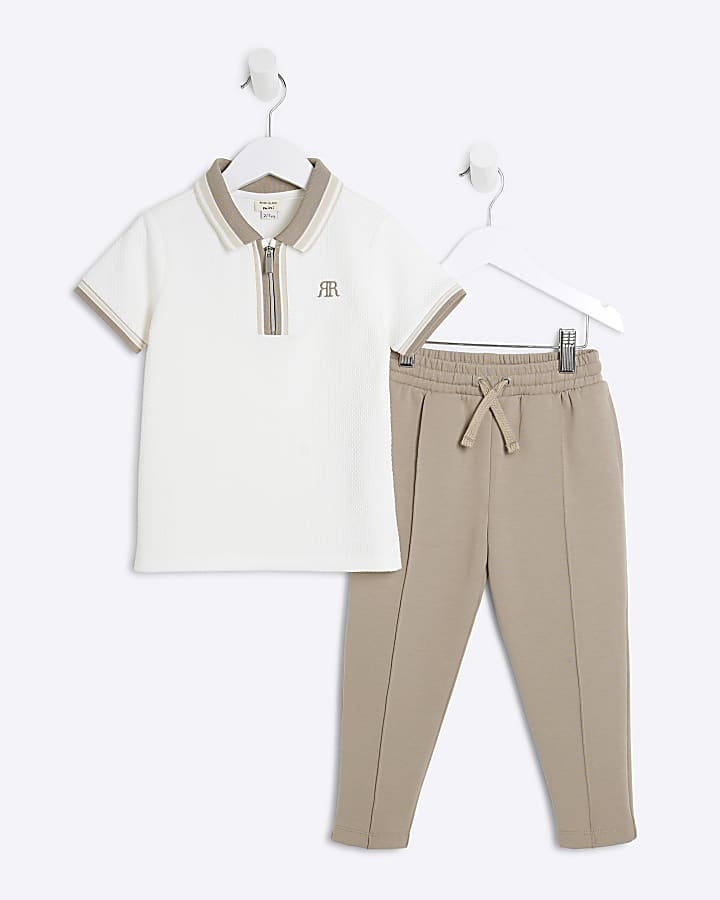 Mini Boys White Texture Tipped Polo Shirt Set