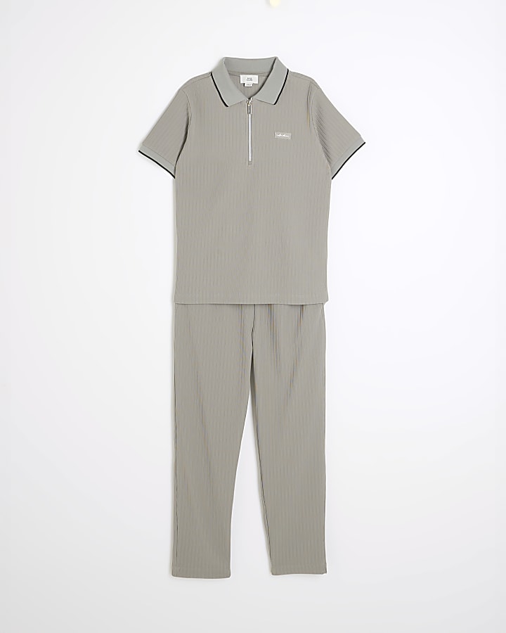 Boys Grey Ribbed Polo Shirt Set