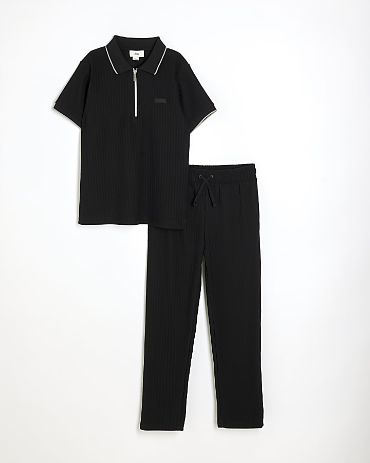 Boys Black Ribbed Polo Shirt Set