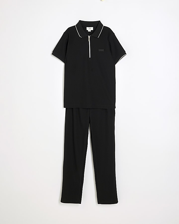 Boys Black Ribbed Polo Shirt Set