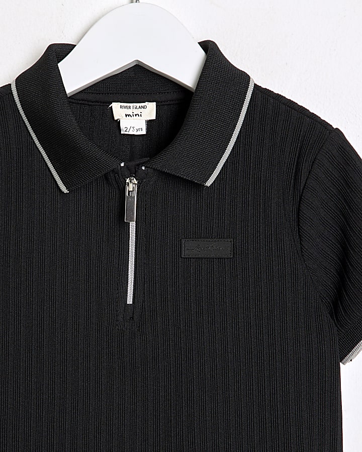 Mini Boys Black Ribbed Polo Shirt Set