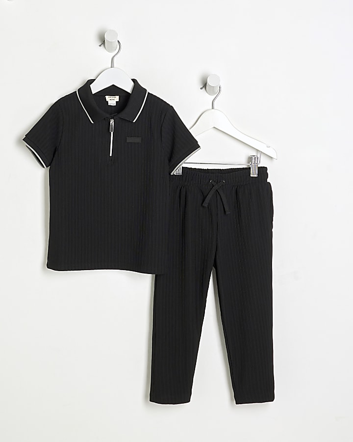 Mini Boys Black Ribbed Polo Shirt Set