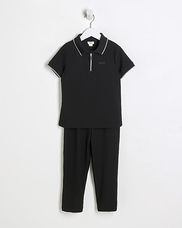 Mini Boys Black Ribbed Polo Shirt Set