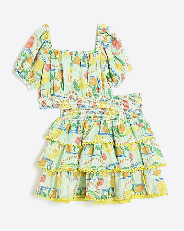 Girls Green Lemon Skirt Set