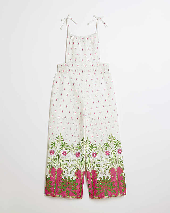 Girls Cream Tropical Palm Jumpsuit