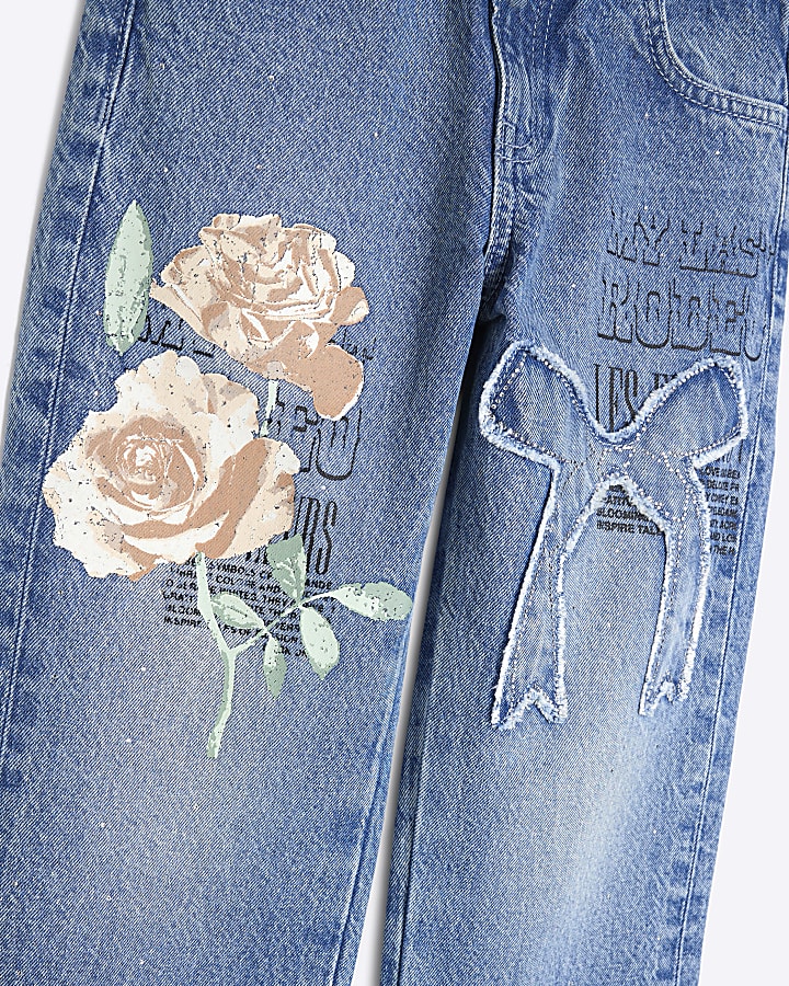 Girls Blue Denim Rose Graffiti Straight Jeans