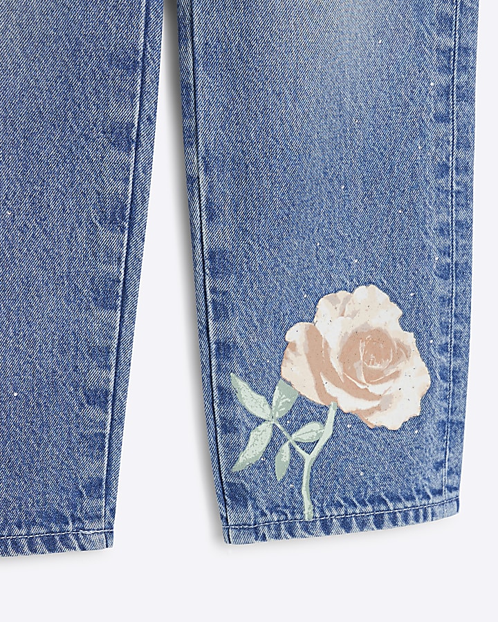 Girls Blue Denim Rose Graffiti Straight Jeans