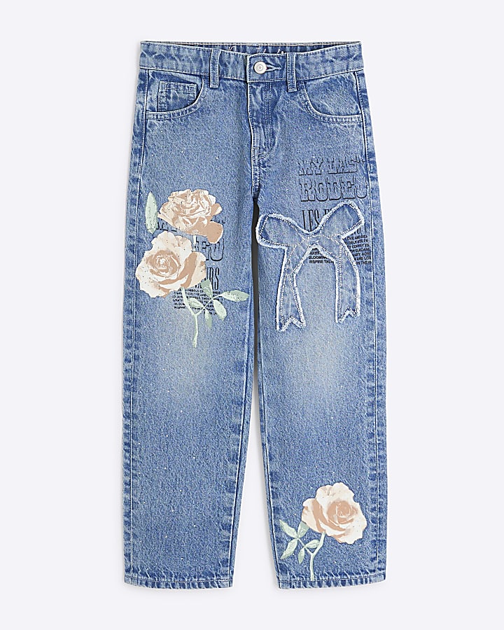 Girls Blue Denim Rose Graffiti Straight Jeans