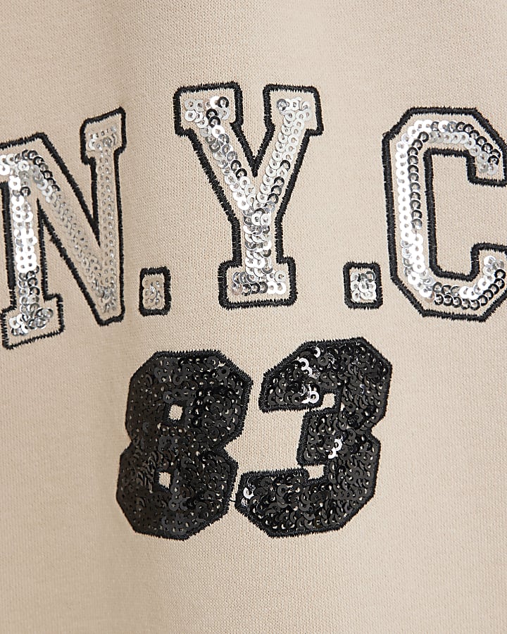 Girls Beige Sequin New York Hoodie Set