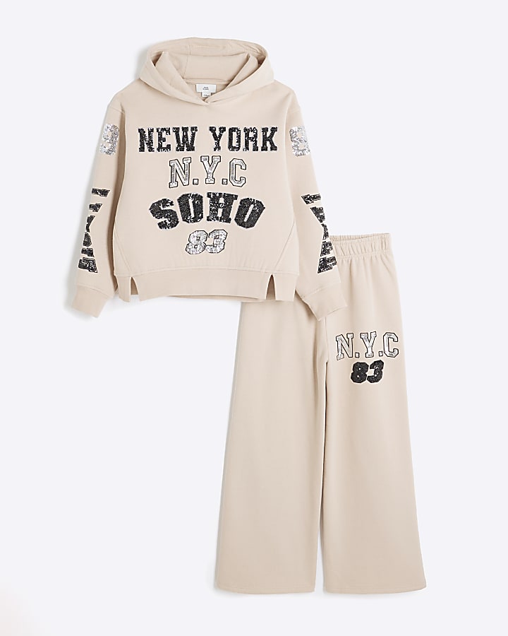 Girls Beige Sequin New York Hoodie Set