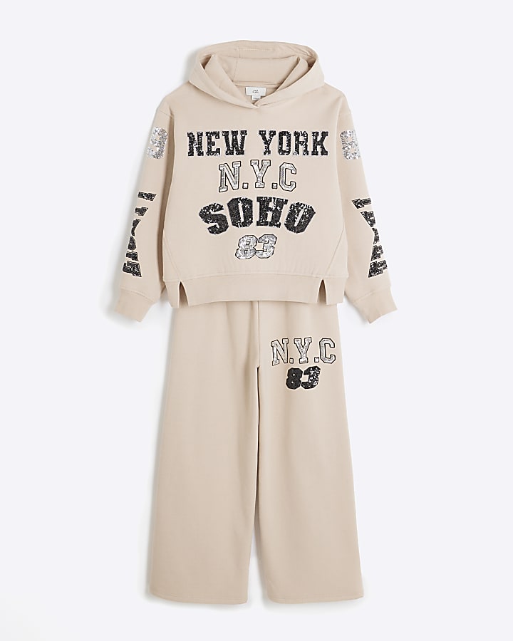 Girls Beige Sequin New York Hoodie Set