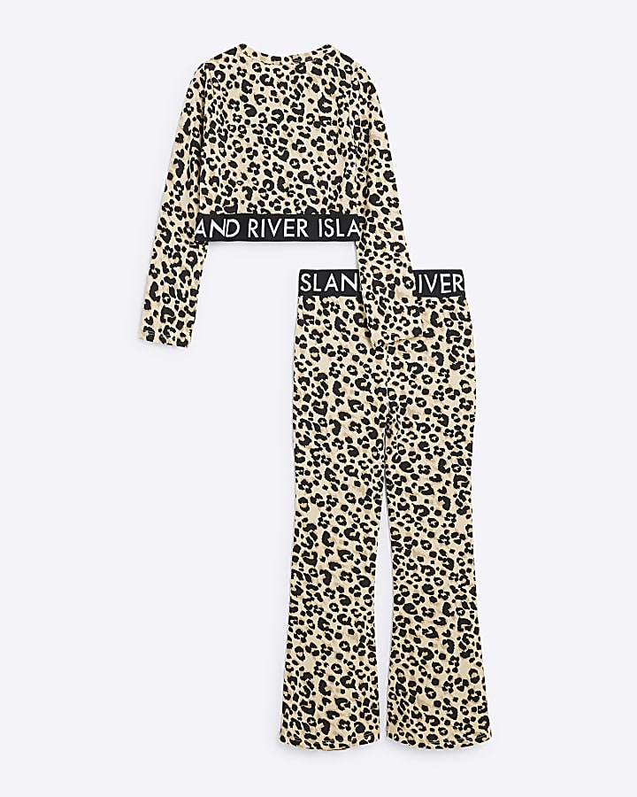 Girls Beige Leopard Kickflare Trousers Set