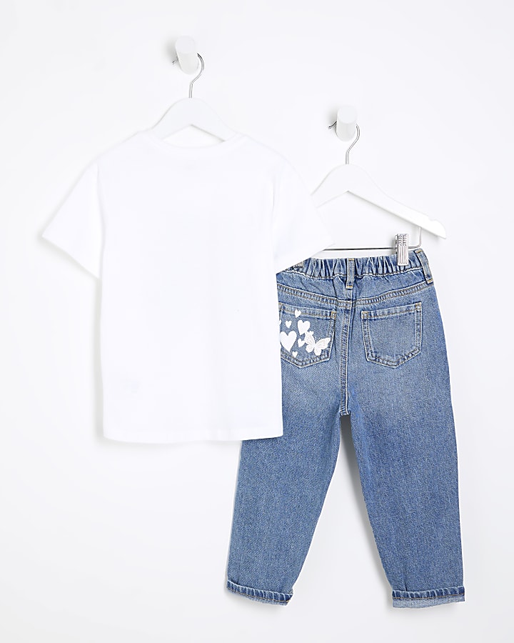 Mini Girls White Graffiti Bear Jean Set