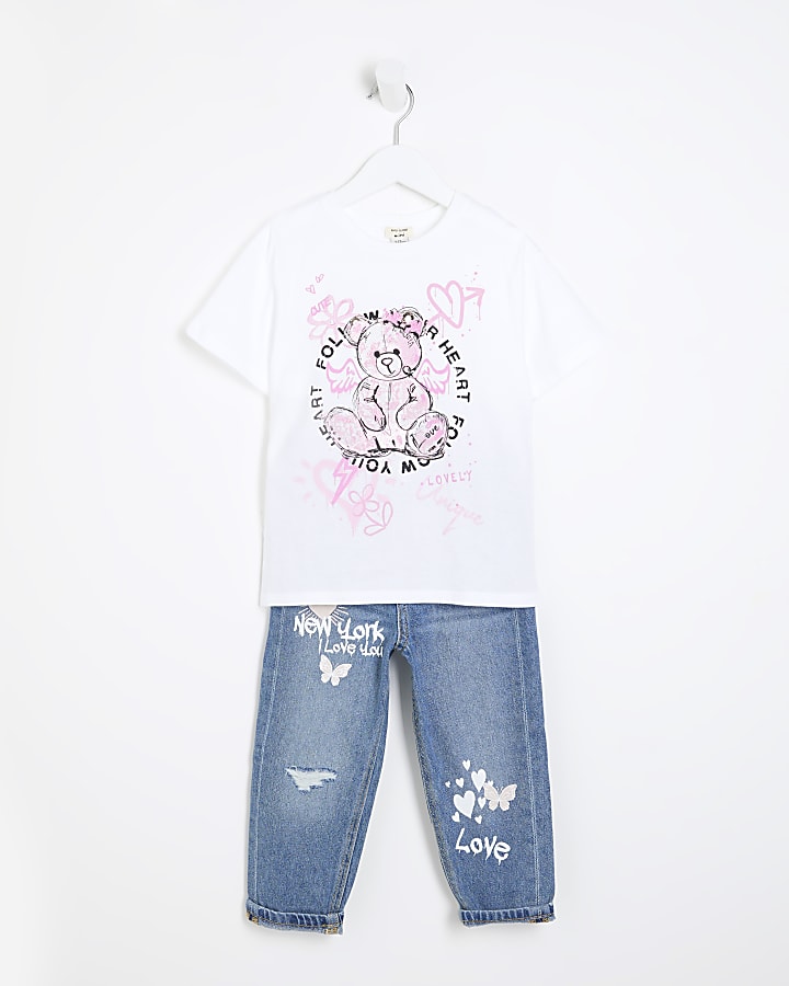 Mini Girls White Graffiti Bear Jean Set