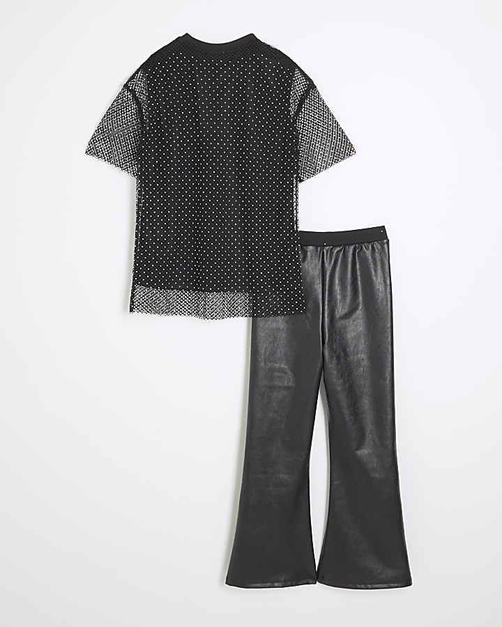 Girls Black Mesh T-Shirt And Faux Leather Set