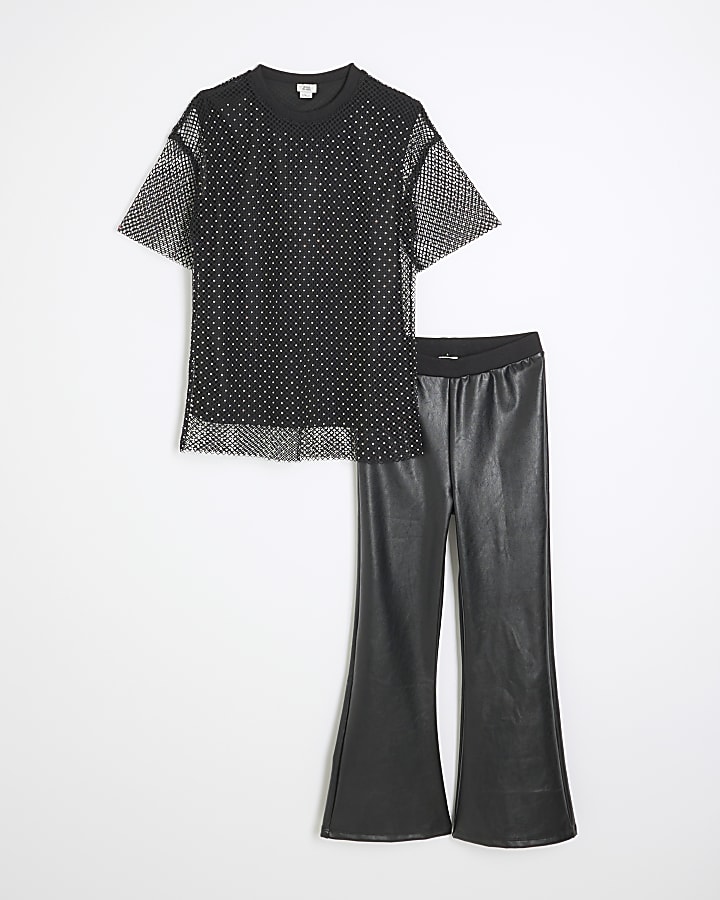 Girls Black Mesh T-Shirt And Faux Leather Set