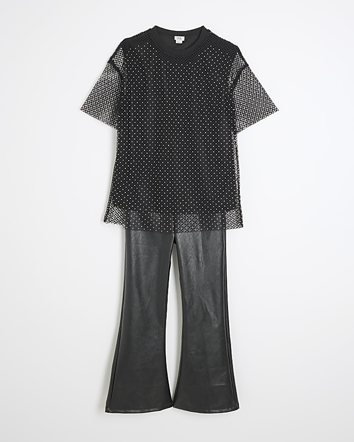 Girls Black Mesh T-Shirt And Faux Leather Set