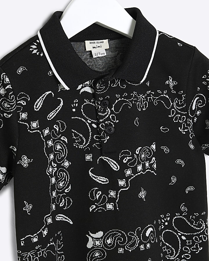 Mini Boys Black Paisley Polo Shirt