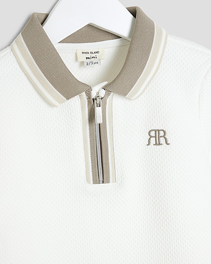 Mini Boys White Tipped Textured Polo Shirt