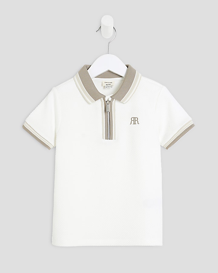 Mini Boys White Tipped Textured Polo Shirt