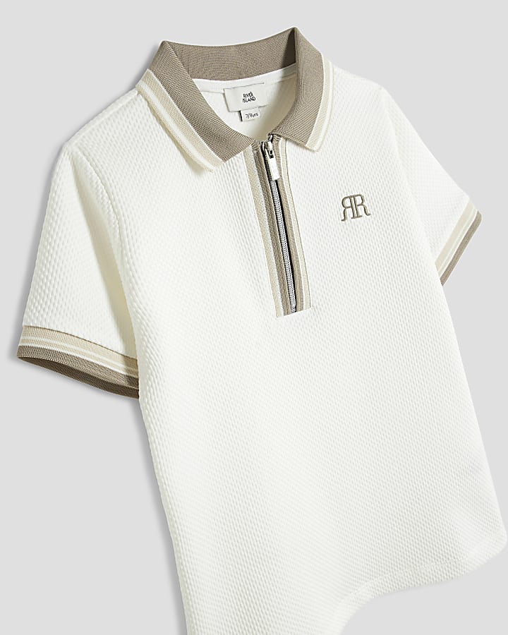 Boys white textured tipped polo shirt