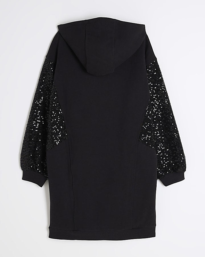 Girls Black Sequin Hooded Sweat Dress