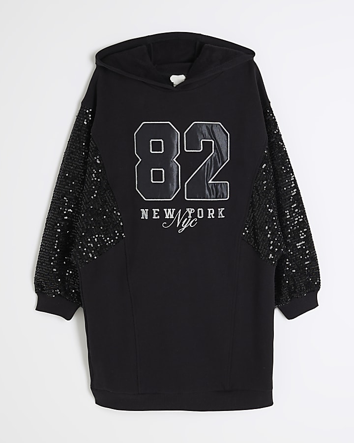 Girls Black Sequin Hooded Sweat Dress