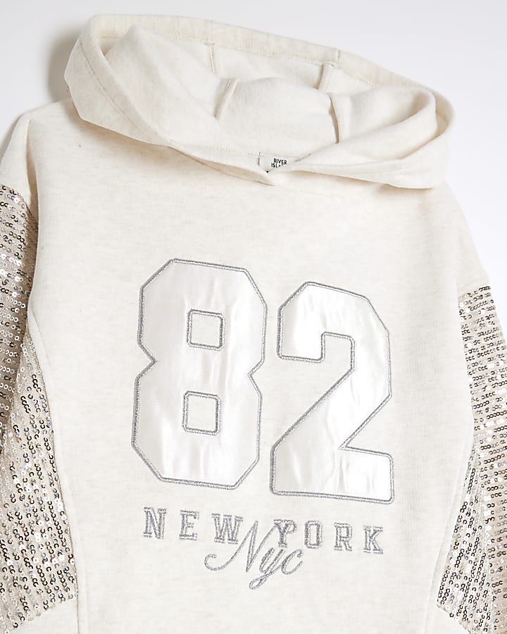 Girls Cream Sequin Hooded Sweat Dress