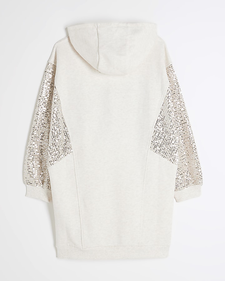 Girls Cream Sequin Hooded Sweat Dress