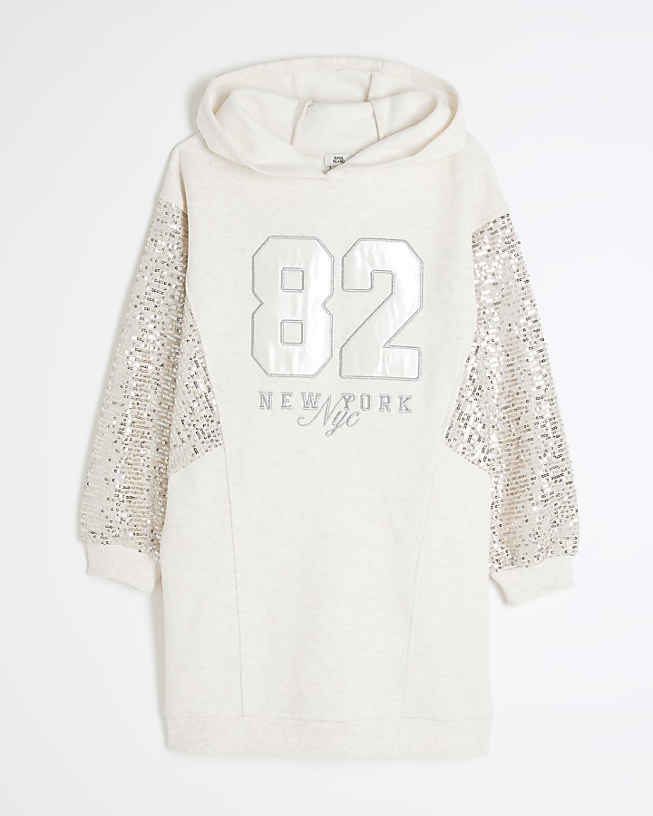 Girls Cream Sequin Hooded Sweater Dress