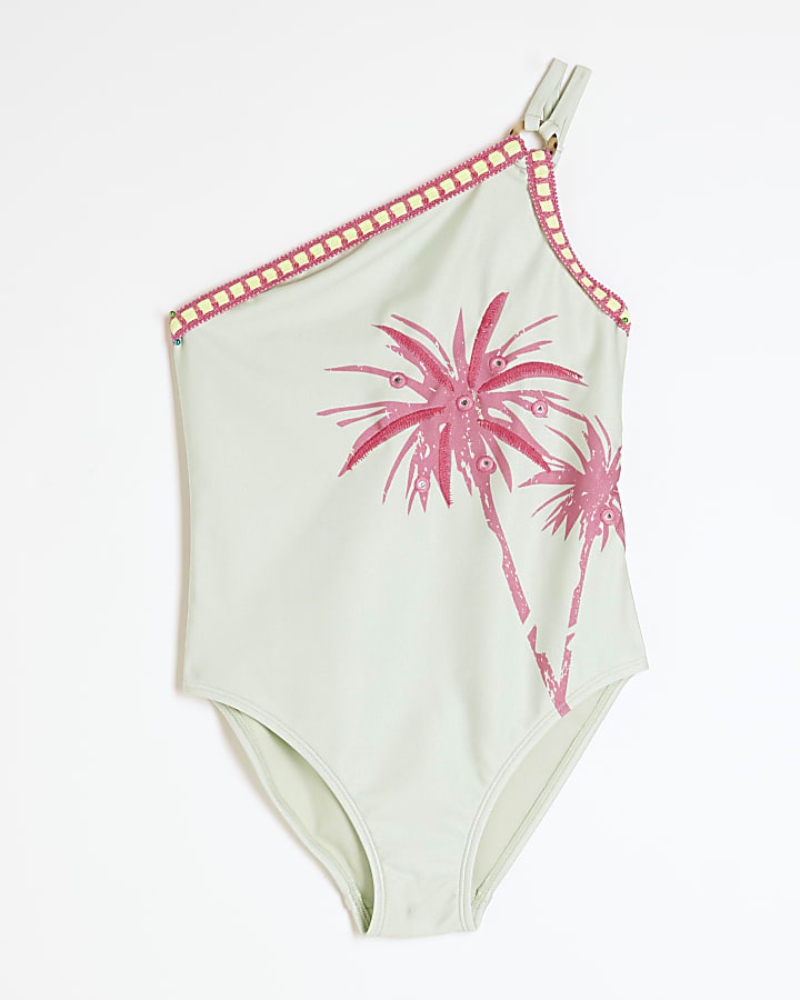 Girls Green Palm Tree Asymmetric Swimsuit