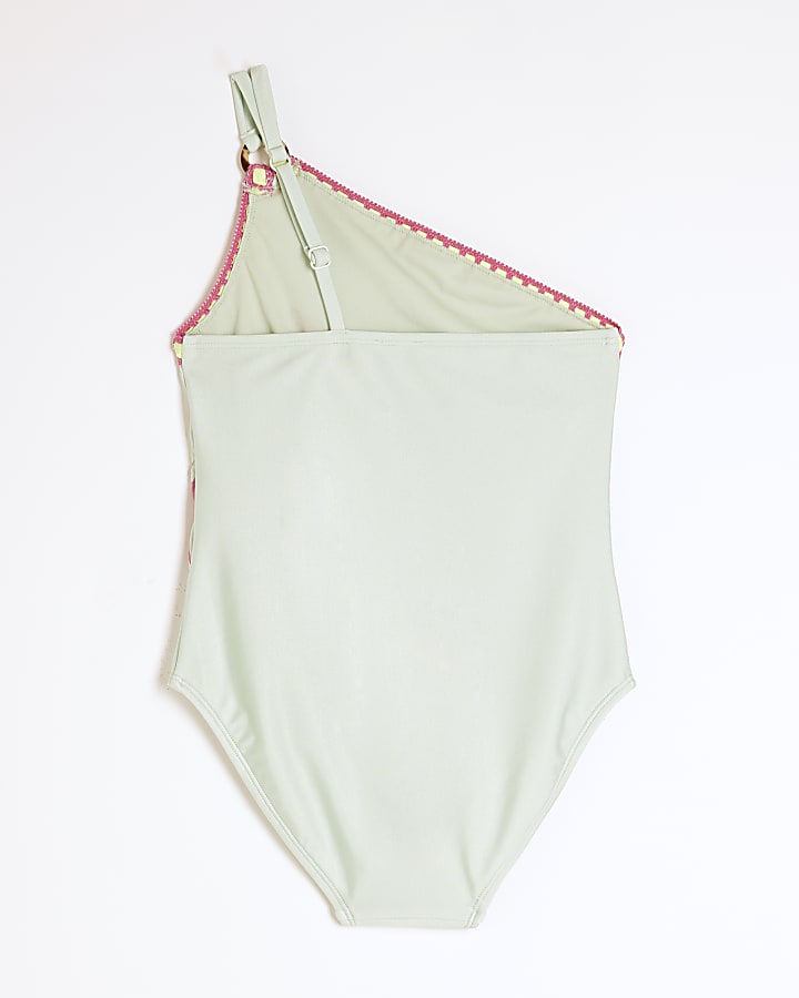 Girls Green Palm Tree Asymmetric Swimsuit