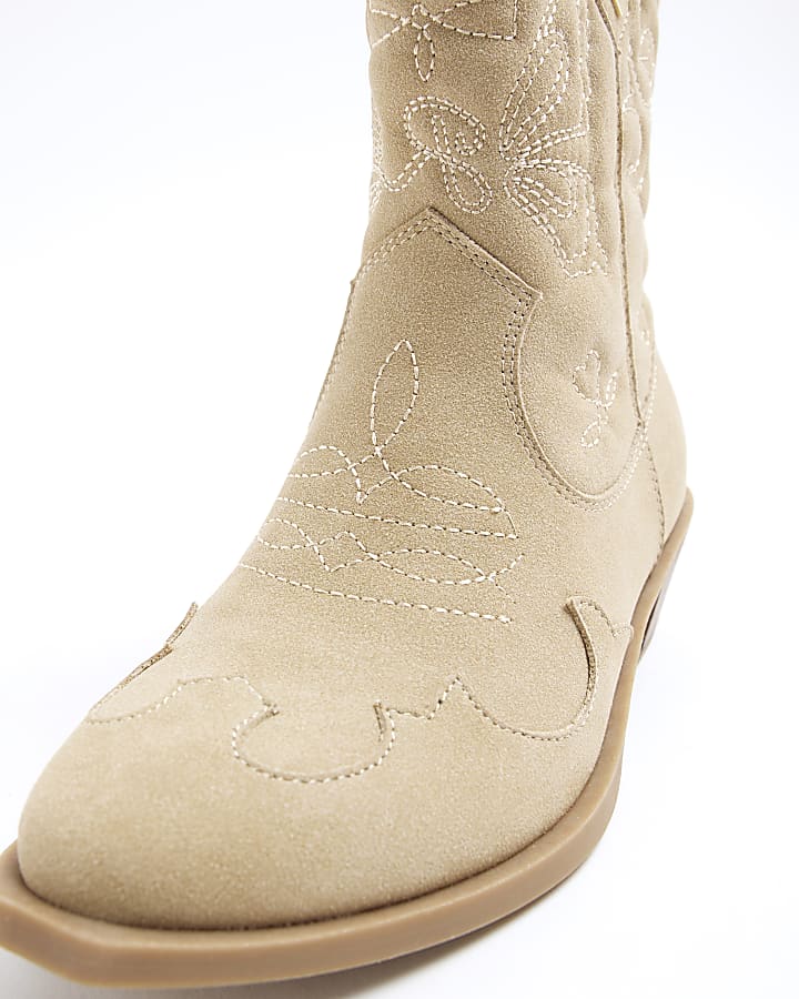 Girls Beige Suedette Western Boots